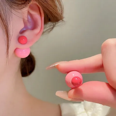 Double Sided Ball Stud Earrings With 925 Sterling Silver Earring Post Acrylic Round Contrasting Color Trendy For Women