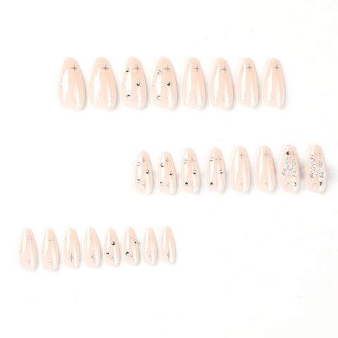 Mandel Drucknägel Nude Rosa Verlauf Mit 3D Silberner Schleife Rhinestone Sternenregen Für Frauen Elegante Maniküre