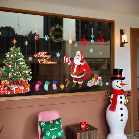 Christmas Window Stickers Static Cling Santa Claus Tree Snowflake Glass Door Decor Reusable Waterproof PVC Home Shop Festive