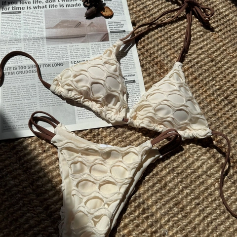 Bikini Sexy Pour Femmes Haut Licou Et Bas Texture Maille Ajourée Tenue De Plage À Lacets Dos Nu Maillot De Bain Été