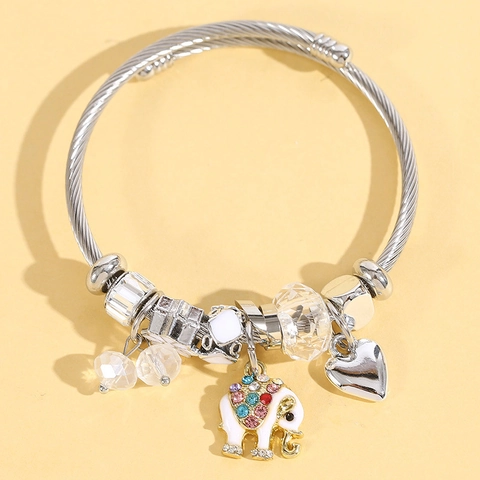Bohemian Stainless Steel Wire Bangle Bracelet For Women With Alloy Elephant Heart Multi-Color Rhinestone Crystal Beads