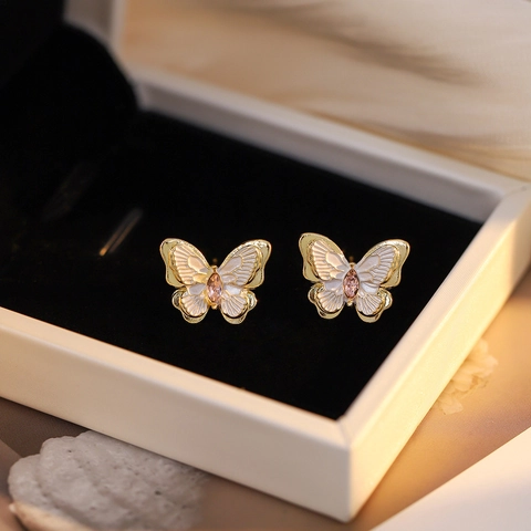 Orecchini A Lobo Farfalla Con Perno In Argento Lega Smalto Bianco Zircone Rosa Stile Retrò Francese Per Donne