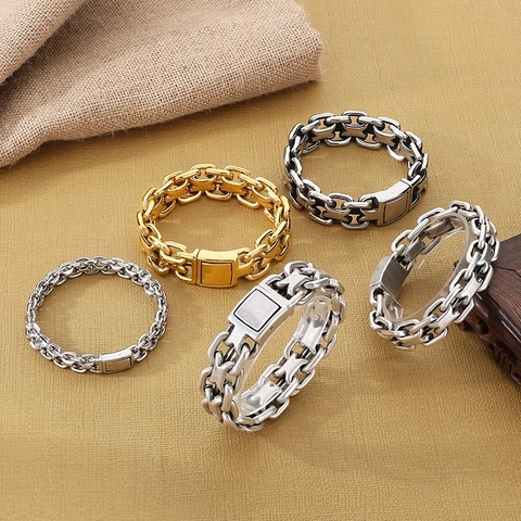 Men Heavy Chain Bracelet Stainless Steel Retro Industrial Vintage Style Punk Jewelry With Square Box Clasp