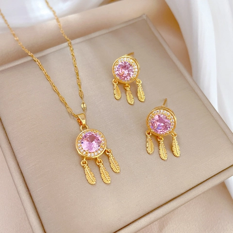 Traumfänger Halskette Und Ohrringe Mit Rosa Zirkonia Federquasten Titanstahlkette Silberohrstecker Für Damen
