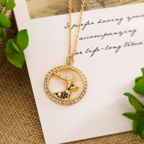 Collana Pendente Animale Rame Placcato Oro Delicato Zircone Elefante Tartaruga Cervo Elegante Moda Gioielli Donna