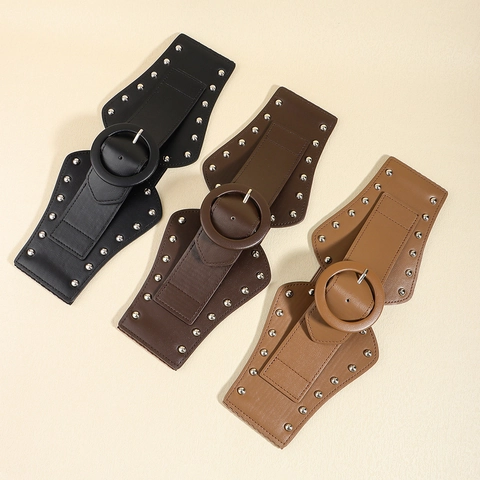 Damen Breiter Hüftgürtel Kunstleder Elastisches Taillenband Nieten Runde Schnalle Vielseitiges Mode Kleid Accessoire