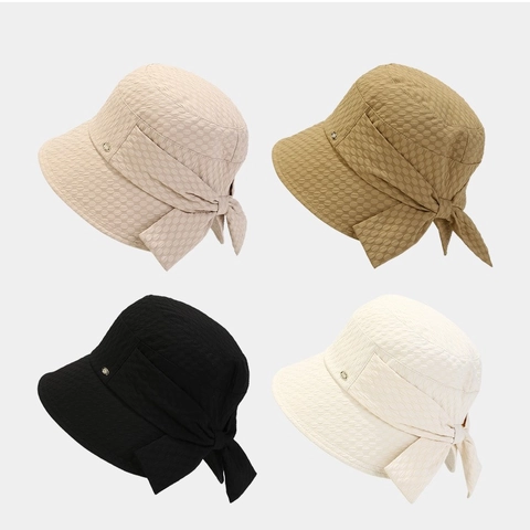 Women Bucket Hat Seersucker Bubble Texture With Large Bow Foldable Sun Protection Breathable Beach Travel Elegant Style