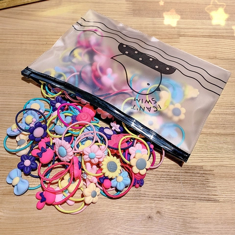 Kinder Elastische Haargummis Set Mit Harz Cartoon Blume Tier Dekor Bunte Pferdeschwanz Halter In Frosted Zipper Tasche Für Mädchen