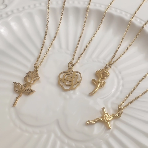 Collana Con Ciondolo Fiore Rosa In Acciaio Inossidabile Per Donna Gioielli Floreali Cavo Croce Elegante Regalo