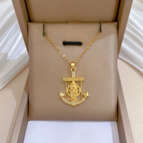 Collana Con Pendente Ancora Vergine Maria Catena In Acciaio Inossidabile Rame Micro Pave Zircone Medaglione Religioso