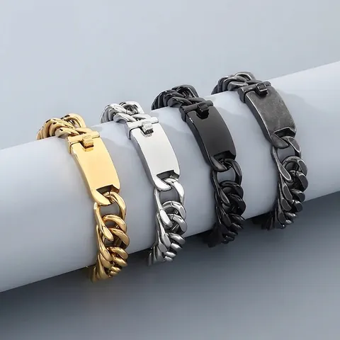 Bracciale A Catena Cubana Acciaio Inossidabile 316L Lucidato Piastra ID Rettangolare Stile Punk Hip Hop Uomo
