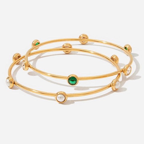 Vintage 18K Gold Plated Stainless Steel Bangle Bracelet With Artificial Pearl Green Gemstone Zirconia Waterproof Jewelry For Women