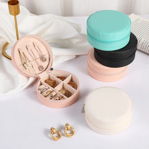 Portable Round Jewelry Box PU Leather Small Jewelry Organizer Case For Travel Necklace Earring Ring Storage Gift Case