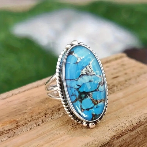 Vintage Oval Turquoise Ring Antique Silver Plated Copper Ethnic Tribal Boho Style Statement Jewelry For Women