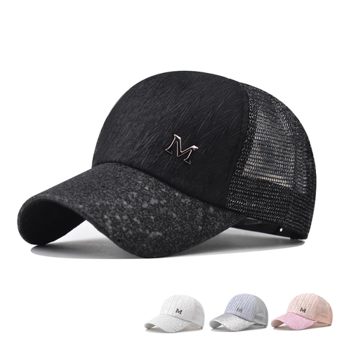 Cappello Da Baseball In Mesh Con Paillettes Cotone Pieghettato Lucido Logo M In Metallo Traspirante Protezione Solare Unisex