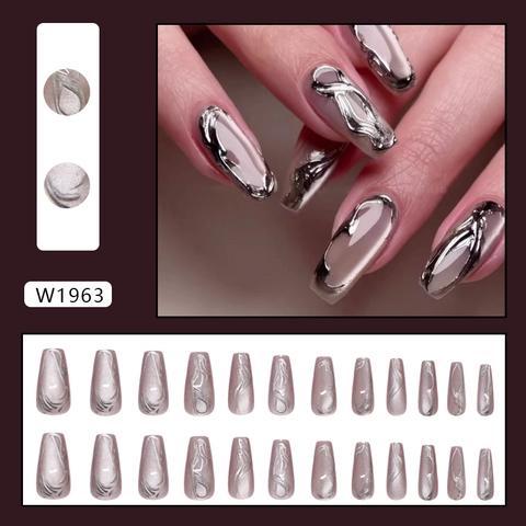 Silver Metallic Cat Eye Press On Nails Long Coffin Liquid Metal 3D Texture Mauve Pink False Nails For Women
