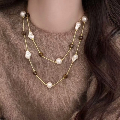 Layered Necklace Irregular Baroque Imitation Artificial Pearl Tiger Eye Stone Gold Plated Long Sweater Chain Maillard Jewelry Women