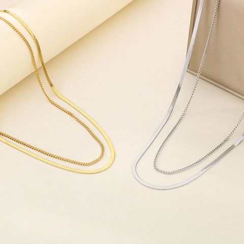 Collana A Doppio Strato Acciaio Inossidabile 316L Catena A Serpente Piatta E Catena Gourmette Gioielli Minimalisti Per Donna