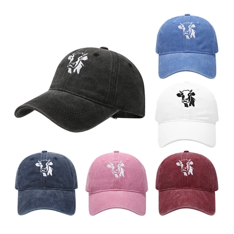 Baseball Cap Washed Cotton Retro Distressed Cow Embroidery Sun Protection Adjustable Outdoor Leisure Hat For Men Women
