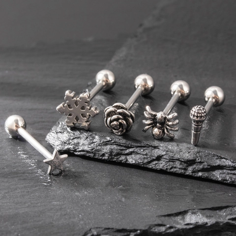 Stainless Steel Tongue Rings Barbell Piercing Gothic Punk Skull Rose Spider Snowflake Microphone Unisex Body Accessories