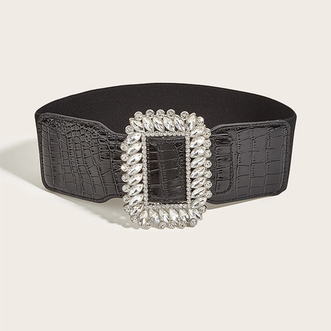 Women Wide Corset Belt Elastic Waist Cincher With Rectangular Rhinestone Buckle Crocodile Texture Faux Leather Retro