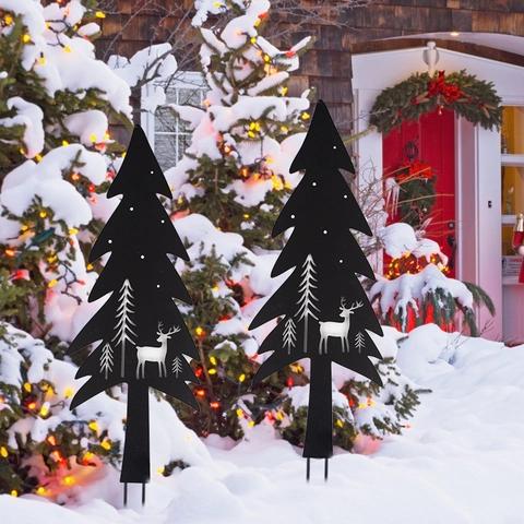 Picchetti Da Giardino Albero Di Natale Metallo Nero Ferro Silhouette Renna Design Cavo Decorazione Prato Esterna