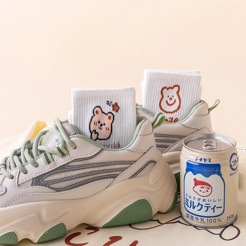 Women Cotton Mid Calf Socks Kawaii Cartoon Bear Rabbit Embroidery Ribbed Cuff Casual Japanese Style