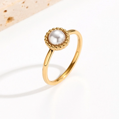 Anillo De Acero Inoxidable Con Perla Artificial Para Mujer Engaste Bisel Geométrico Redondo Estilo Ins Joyería Minimalista Regalo