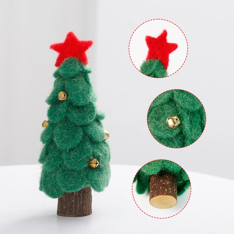 Mini Adorno De Árbol De Navidad De Fieltro De Lana Con Base De Madera Y Campanas De Metal Decoración De Escritorio