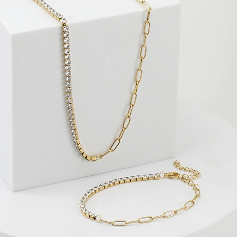 Geteilte Büroklammer Und Tennis Kette Halskette Und Armband 18K Vergoldeter Edelstahl Zirkonia Modeschmuck Damen
