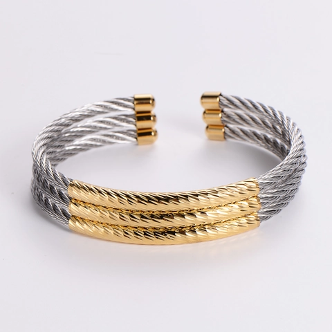 Triple Layer Cable Wire Bracelet Stainless Steel Two-Tone Plated Men Open Cuff Jewelry Streetwear Simple Fashion