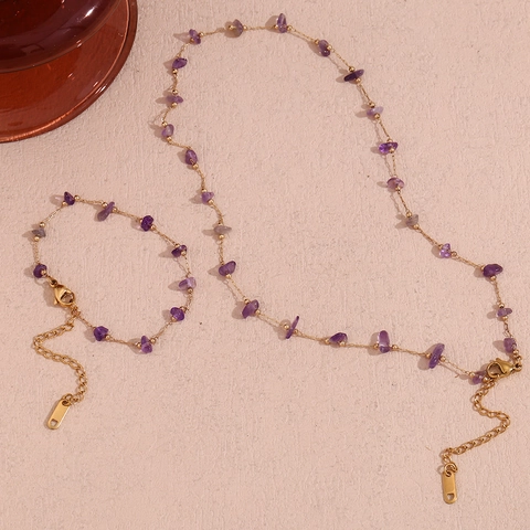 Ensemble Collier et Bracelet Simple en Acier Inoxydable 316L Plaqué Or 18K avec Pierres Concassées d'Améthyste pour Femme Bijoux en Pierre Naturelle