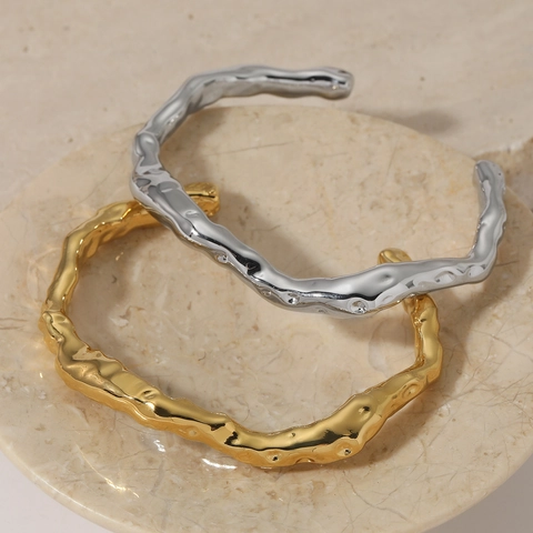Cuff Bracelet Minimalist 316 Stainless Steel Irregular Lava Texture Water Ripple Open Bangle For Women Men Artistic Jewelry