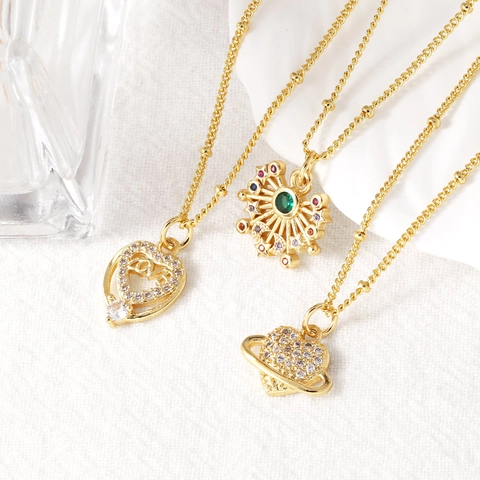 Pendant Necklace Copper Gold Plated Cubic Zirconia Heart Star Planet Charms Elegant Fashion Clavicle Chain Jewelry For Women
