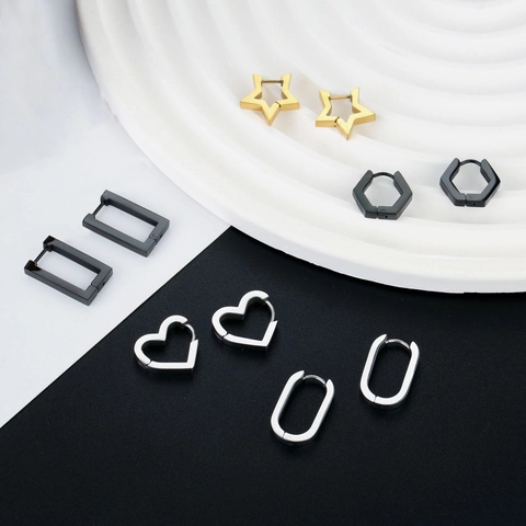Orecchini A Cerchio Geometrici In Acciaio Inossidabile Stella Cuore Esagono Rettangolo Triangolo Lucidato Gioielli Unisex