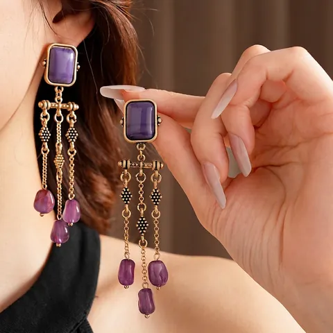 Vintage Purple Square Resin Long Tassel Earrings With Silver Earring Post Gold Plated Palace Style For Women