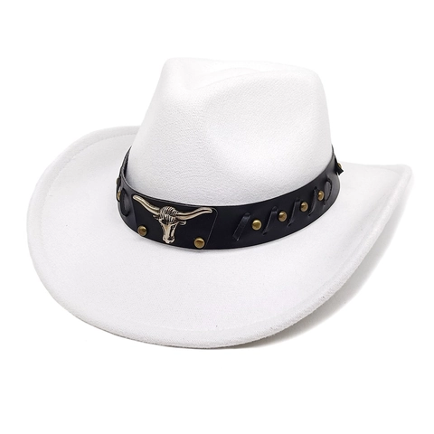 Chapeau De Cow-Boy Western Large Bord Coton Polyester Feutre Style Ethnique Rétro Avec Bande En Cuir Tête De Taureau Rivets