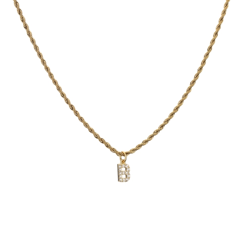 Initial Letter Pendant Necklace Stainless Steel 18K Gold Plated Rhinestone Paved Twisted Rope Chain Fashion Jewelry Women