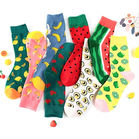 Women Crew Socks Cotton Blend Breathable Fruit Animal Print Novelty Artistic Colorful Mid Calf Socks Everyday Wear