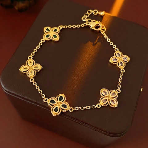 Colorful Zircon Flower Clover Pendant Bracelet Copper Gold Plated Milgrain Edge Adjustable Retro Luxury Jewelry For Women