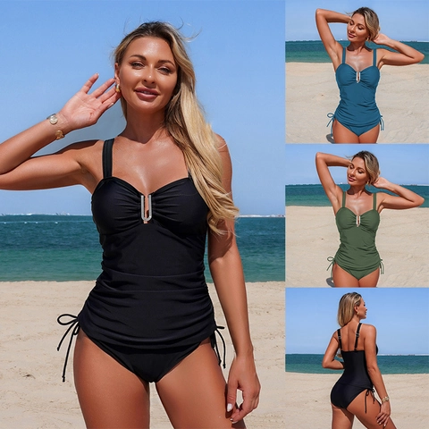 Women Tankini Swimsuit Top And Bottoms Nylon Spandex Ruched Tummy Control Metal U-Buckle Side Ties Beach
