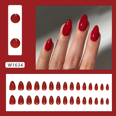 Solid Red Press On Nails Almond Shape Glossy Elegant Removable Artificial Fingernails For Women