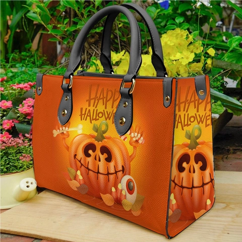 Damen Handtasche PU Leder Litschi Textur Halloween Kürbis Katze Druck Metallnieten Große Kapazität Tragetasche Trendig Festlich
