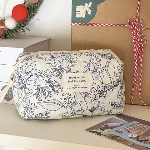 Neceser De Algodón Acolchado Con Estampado Floral Organizador De Artículos De Tocador De Viaje Portátil De Gran Capacidad