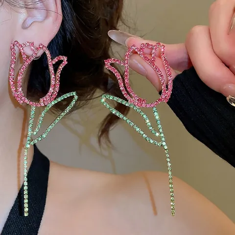 Tulpenblüten Ohrhänger Mit Strass Und 925 Sterling Silber Ohrstecker Rosa Grün Eleganter Hohler Schmuck Für Damen