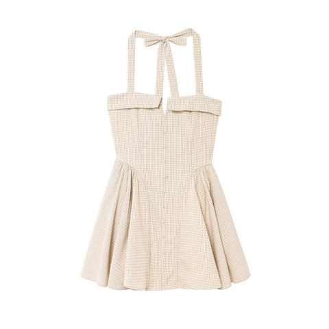 Elegante Vestido Halter A Cuadros Para Mujer Sin Mangas Con Botones Frontales Espalda Fruncida Largo Mini Color Albaricoque