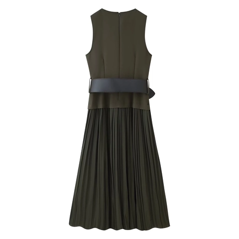 Vestido Midi Plisado Sin Mangas Para Mujer Elegante Cuello Redondo Con Cinturón Botones Cabeza De León Poliéster Color Sólido