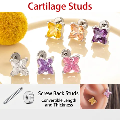 Star Zircon Stud Earrings Titanium Steel Earring Post Screw Back Cartilage Piercing Jewelry Women Colorful Minimalist