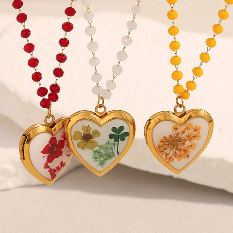 Heart Locket Necklace Stainless Steel 18K Gold Plated Real Dried Flower Beaded Chain Bohemian Vintage Jewelry For Women