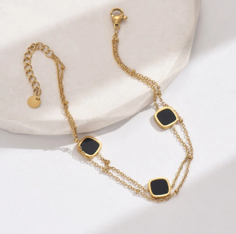 Layered Stainless Steel Bracelet Geometric Black Square Charm Gold Plated Minimalist Fashion Jewelry For Women